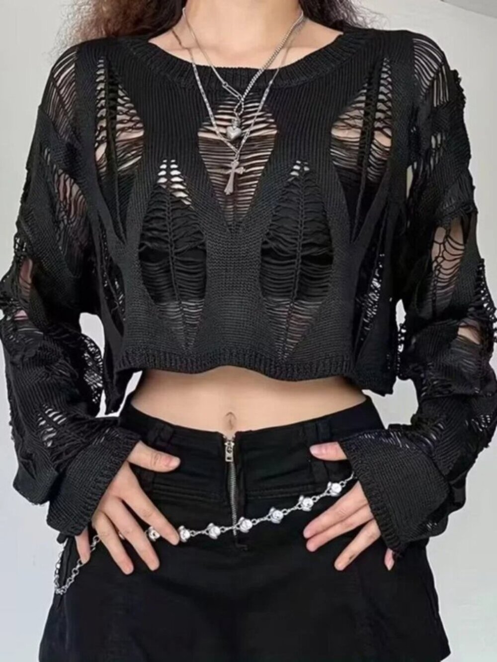 Grunge Cutout Cropped Long Sleeve Sweater Top - Picture 3 of 3